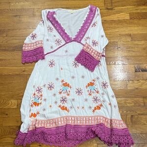 White Boho Embroidered Tunic with Pink Crochet Trim